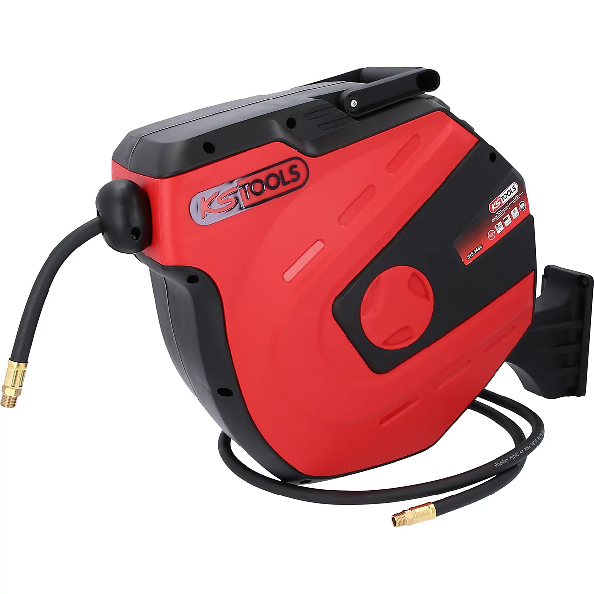 Rote und schwarze Schlauchtrommel mit KS Tools Logo und schwarzem Schlauch.